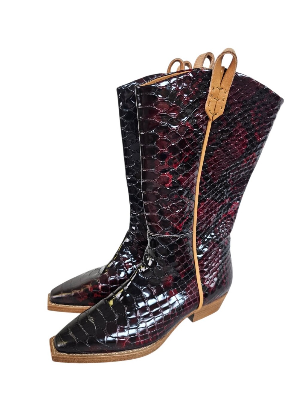 Free People Montage Tall Croc Embossed Leather Heeled Square Toe Western Boots